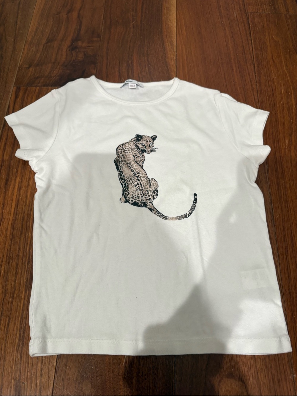White Short Sleeve Tee with Leopard Cat Graphic